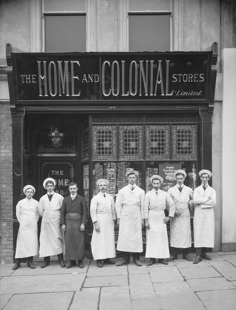 Before self service, every grocery shop had a lot of staff to serve you.