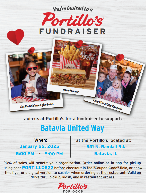 BataviaWay's tweet image. Join us tonight from 5:00 - 8:00 pm for a Portillo's Fundraiser supporting Batavia United Way!  Show this flyer or use the code "PORTILLOS22" when ordering online, and 20% of the sale will go towards supporting your community!