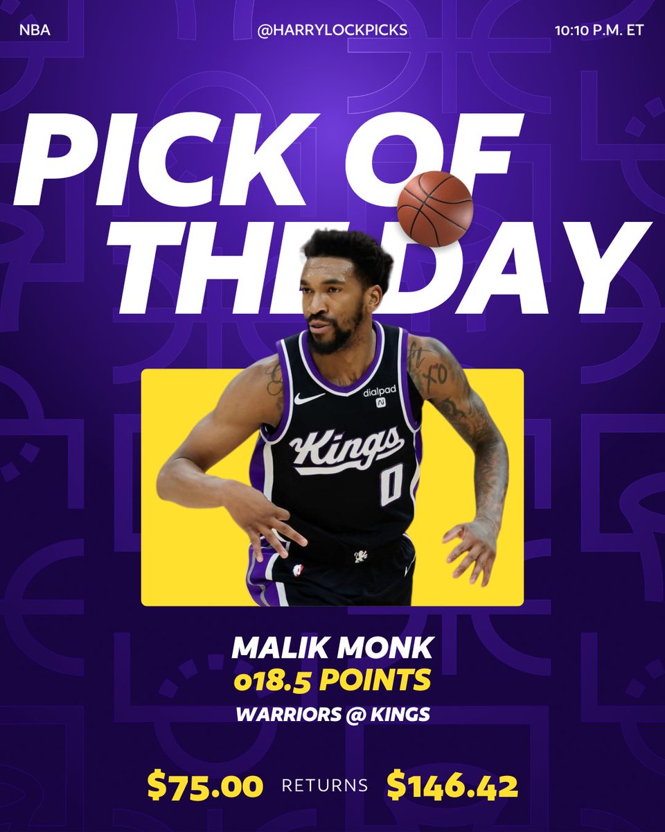 🏀 NBA Pick of the Day 
👑 Malik Monk o18.5 Points 
🏟️ Warriors @ Kings

📈 CURRENT NBA STRAIGHTS RECORD: 24/31 (78%)

You can play this up to 20...

- Monk has been a scoring machine thus far in January, averaging 23.6 PPG. The scoring form has been reliably consistent, with him