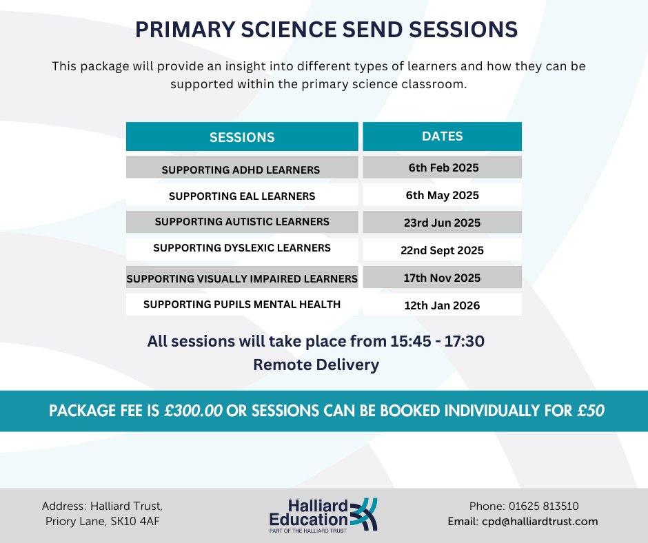 Come and join us online for our upcoming Science CPD which starts this February! These sessions will focus on supporting SEND learners in the primary science classroom.

🎟 Book here: tinyurl.com/yfbw72s6

#primaryscience #SEND #scienceCPD #remoteCPD