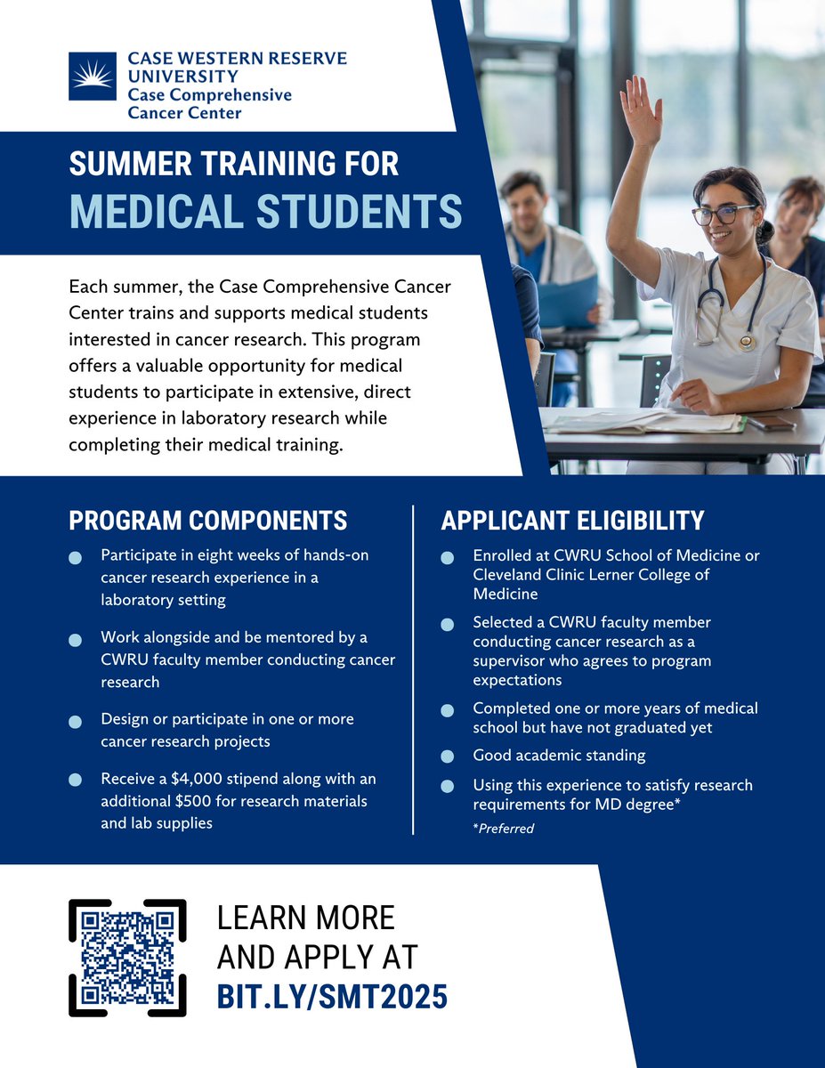 Are you a medical student interested in oncology research? Apply today at bit.ly/SMT2025 for Case CCC's Summer Training for Medical Students Program!