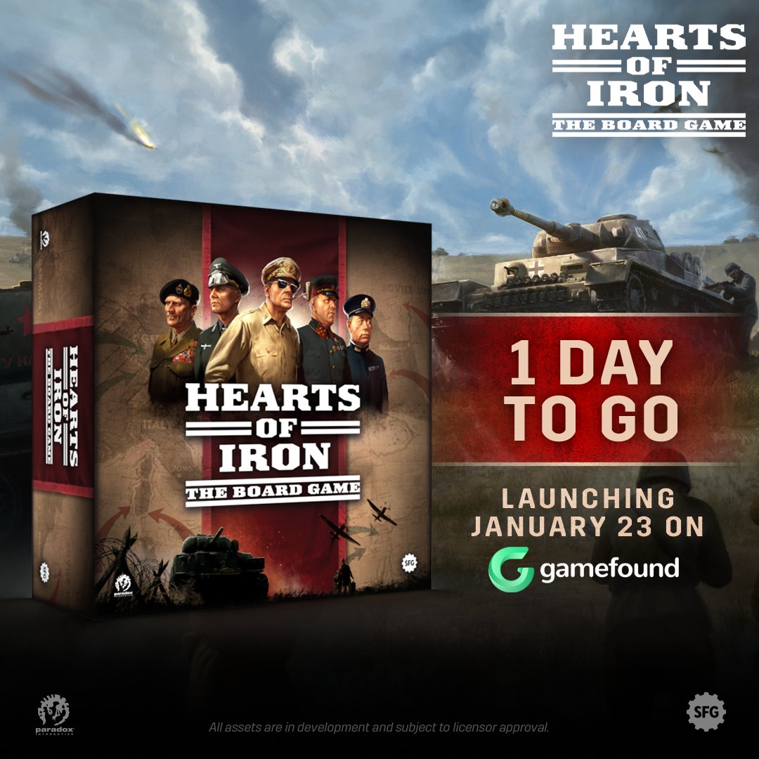 LAUNCHING TOMORROW 6PM GMT 🪖
Only ONE day until Hearts of Iron: The Board Game launches on Gamefound!

Manage your resources, build alliances and fight for the victory of your nation in this strategic game for 2-5 players.

Follow the campaign: gamefound.com/projects/steam…