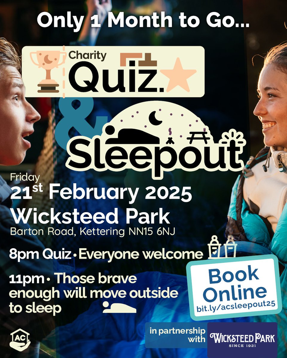 Only 1 month left until our Charity Quiz &amp; Sleepout at Wicksteed Park! Will you quiz with us at 8pm or sleep out at 11pm to support the homeless? Spaces are limited, book now: lght.ly/nga2ob. How will you participate? #AccommodationConcern #CharityEvent #Sleepout