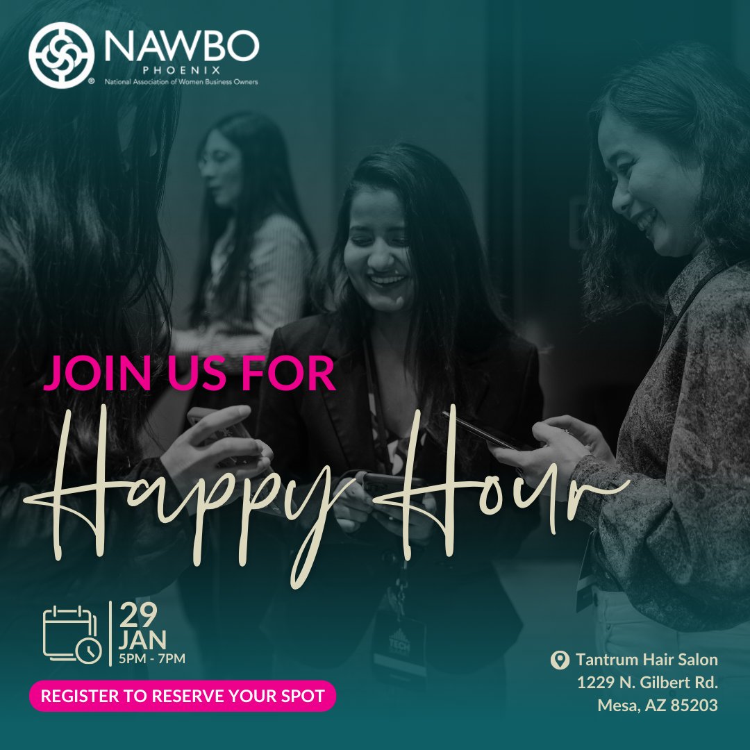 NAWBOphx's tweet photo. Join us for our first FREE networking Happy Hour of 2025! Thank you so much to our host, Tantrum Hair Salon, for kicking it off! Come enjoy a casual happy hour and networking with other women in business. But make sure to RSVP, because spots are limited. https://t.co/OD8LSAVmOB https://t.co/dHkA9b9SOx