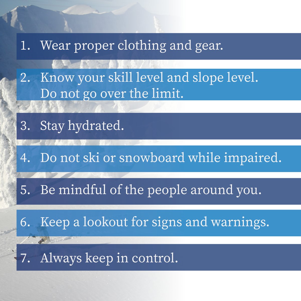BCIRPU's tweet photo. Let's be safe this winter season! When skiing or snowboarding:
Wear proper clothing and gear, go on slope level accordingly, stay hydrated, do not be impaired, be mindful of your surroundings, and always keep in control.
#SkiSafety #SnowboardSafety #SkiingBC #SnowboardingBC https://t.co/j1JcVyGpPM