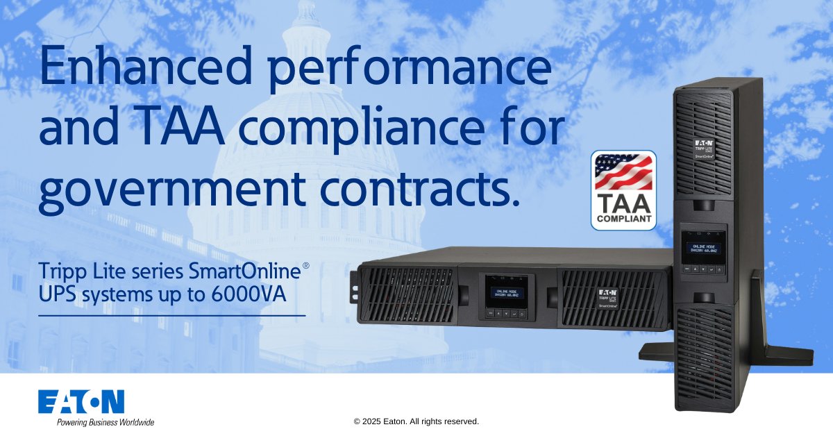 Our #TAAcompliant SmartOnline #UPS systems are ideal for government agencies. With network capabilities, long battery runtimes and easy-to-use LCD panels, they’ll minimize downtime in network closets, server rooms and edge computing. Learn more: eaton.works/4gmC1FD