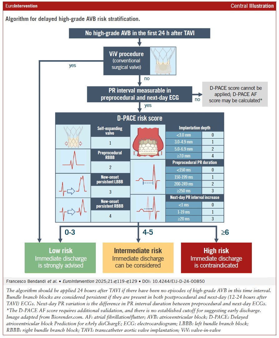 "The Delayed atrioventricular block Prediction for eArly disChargE (D-PACE) score, consisting of procedural and electrocardiographic variables, can be used the day after transcatheter aortic valve implantation to stratify patients according to the risk of delayed high-grade