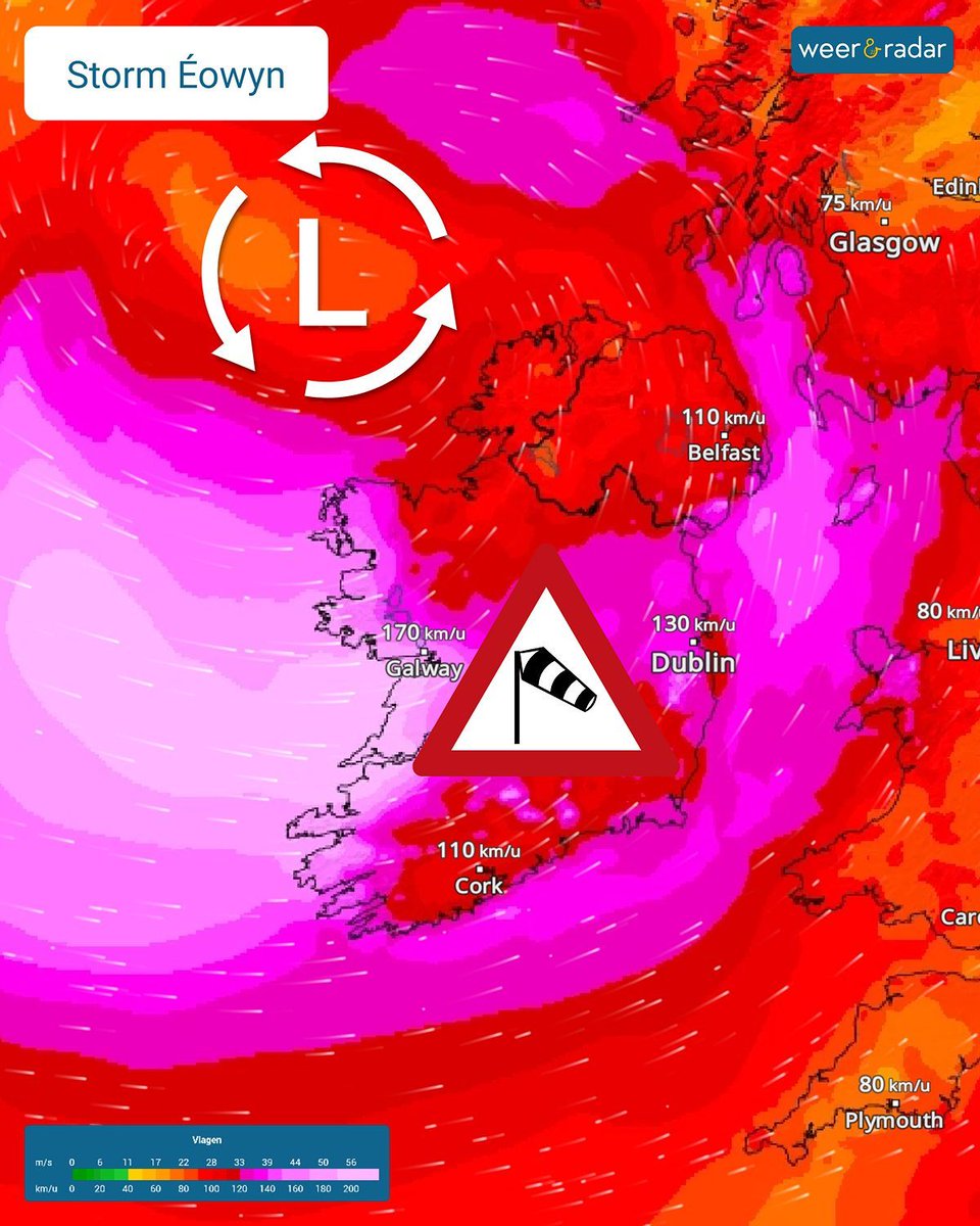 weerenradar_be's tweet image. Oei! 😳 Dat ziet er niet goed uit. Storm #Éowyn brengt vrijdagochtend gevaarlijke omstandigheden naar het zuidwesten van Ierland, waar inmiddels code rood is afgegeven.⚠️ Windstoten van 150 tot 200 km/h zijn mogelijk, zoals ook te zien op de WindRadar.
#storm #windradar #ierland