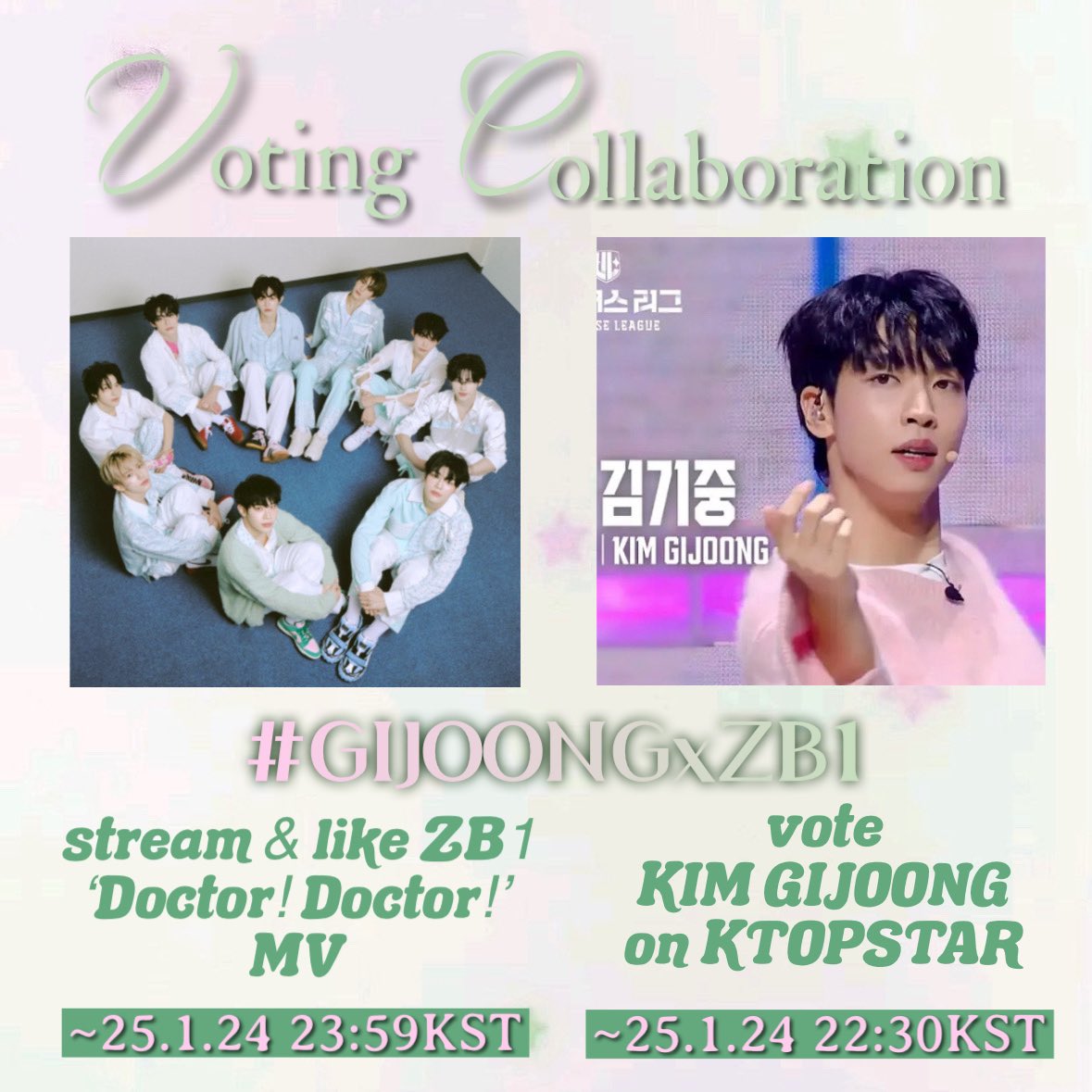 moondallike's tweet photo. VOTING COLLABORATION 💘
with: @gunwookcutie @gwk_07 

we’re thrilled to announce this voting collaboration💗
watch &amp; like ZB1 Doctor! Doctor! MV (~JAN 24TH 23:59 KST) &amp; vote for KIM GIJOONG on KTOPSTAR (~JAN 24TH 22:30 KST)🌟

post your vote/stream proofs with #GIJOONGxZB1 🩷 https://t.co/HY6X33Blkd