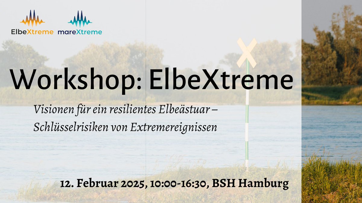 🌊 Extremereignisse bedrohen unsere Umwelt und Wirtschaft. Mach mit beim #ElbeXtreme Workshop und entwickle Visionen für ein widerstandsfähiges Elbeästuar!

🗓12.02.2025, 📍 Hamburg. Anmeldung hier: forms.office.com/Pages/Response…