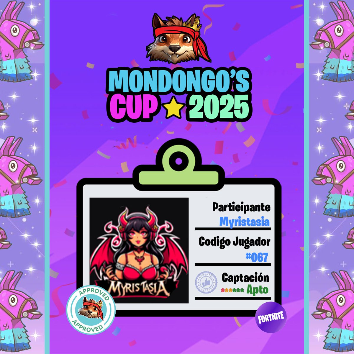 La numero #067 es streamer y tiktoker, es una jugona y un poco manca pero claro, puede que nos diga esto para que nos confiemos y ZAS! Por si acaso estén alerta! Ella es la gran #myristasia  Bienvenida!
#mondongoscup #fortnite #torneofortnite #fortnitecup