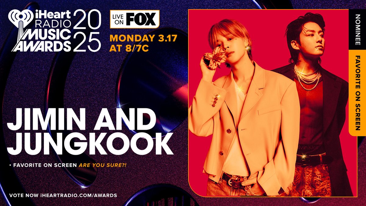 goldenclosettr's tweet photo. [🏆] Jungkook ve Jimin, 2025 iHeart Radyo Müzik Ödüllerinde "Favori Program" (Are You Sure) dalında beraber adaylık aldılar! 

CONGRATULATIONS JIMIN
CONGRATULATIONS JUNGKOOK https://t.co/eDEOoLsT7B