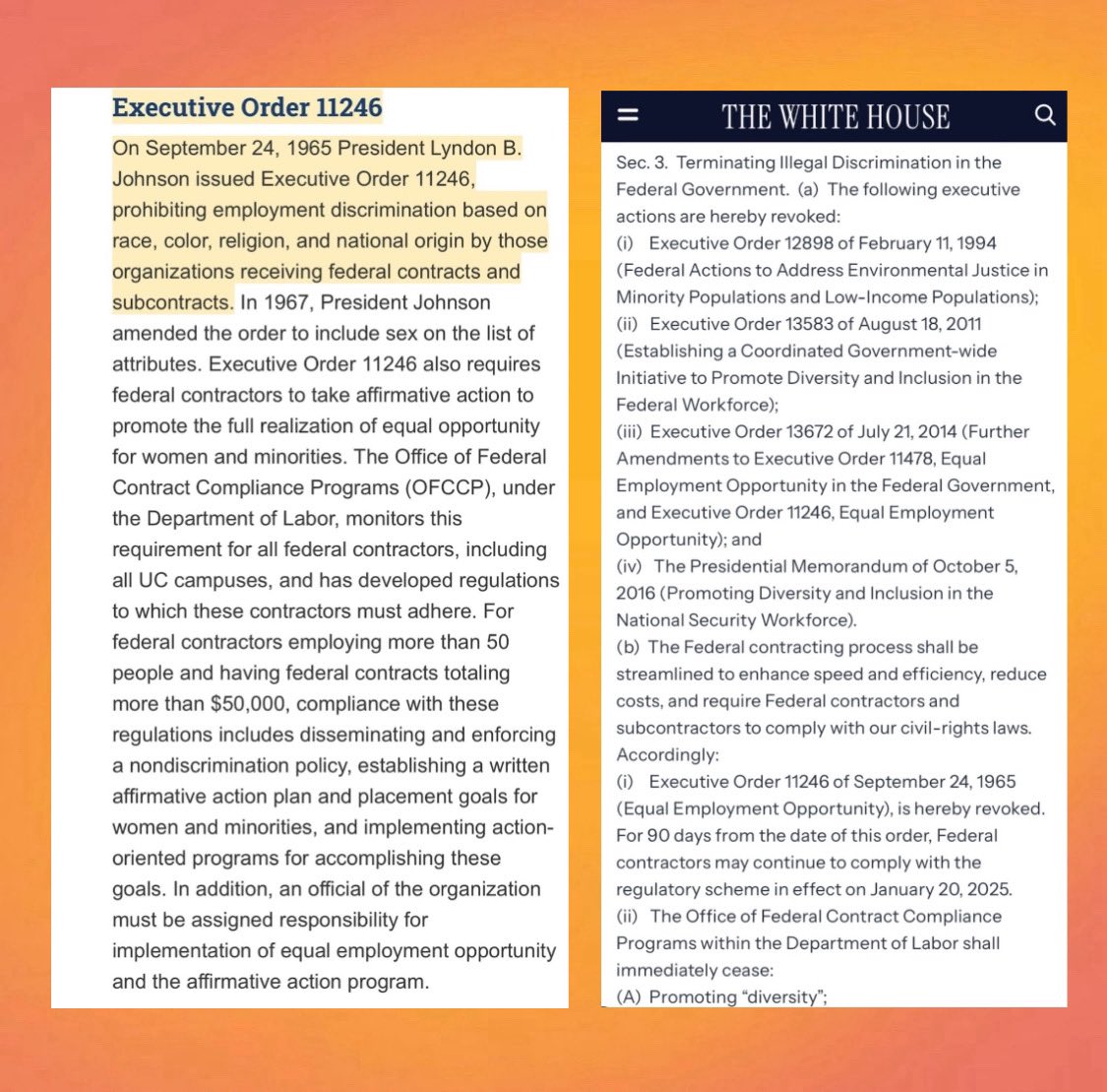 Donald Trump has repealed the Equal Employment Opportunity Act of 1965.

-Which had prohibited discrimination in hiring and employment based on race, color, religion, sex, or national origin.