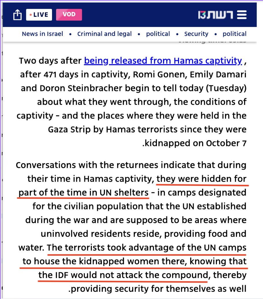UNWatch_fr's tweet image. ALERTE INFO : 3 femmes israéliennes retenues en otage par le Hamas à Gaza pendant 471 jours ont déclaré avoir été détenues en partie dans des abris de l’ONU. Comment savons-nous qu’il s’agit de l’UNRWA ? Parce qu'elle s'en est vantée : « L’UNRWA gère tous les abris de l’ONU »