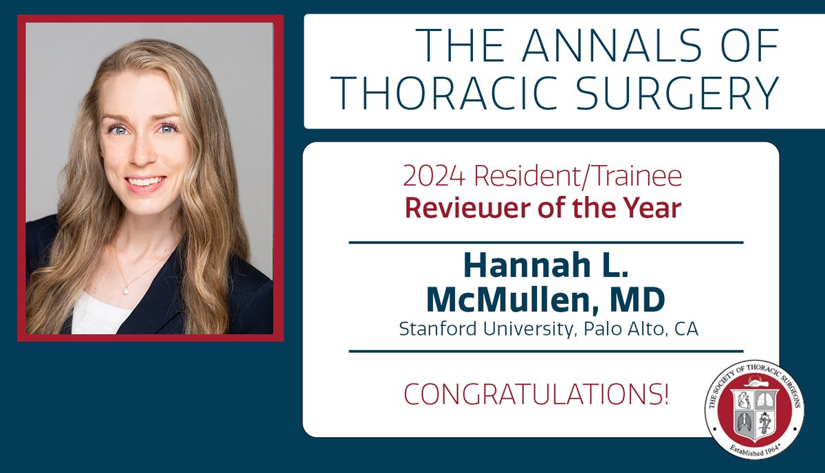 The Annals of Thoracic Surgery (@annalsthorsurg) on Twitter photo 🏆Congratulations to Dr. Hannah L. McMullen, named Resident/Trainee Reviewer of the Year from Stanford University in Palo, Alto, CA! <a href="/HannahLMcMullen/">Hannah McMullen</a> <a href="/Stanford/">Stanford University</a> #ReviewerOfTheYear 🏆Congratulations to Dr. Hannah L. McMullen, named Resident/Trainee Reviewer of the Year from Stanford University in Palo, Alto, CA! <a href="/HannahLMcMullen/">Hannah McMullen</a> <a href="/Stanford/">Stanford University</a> #ReviewerOfTheYear