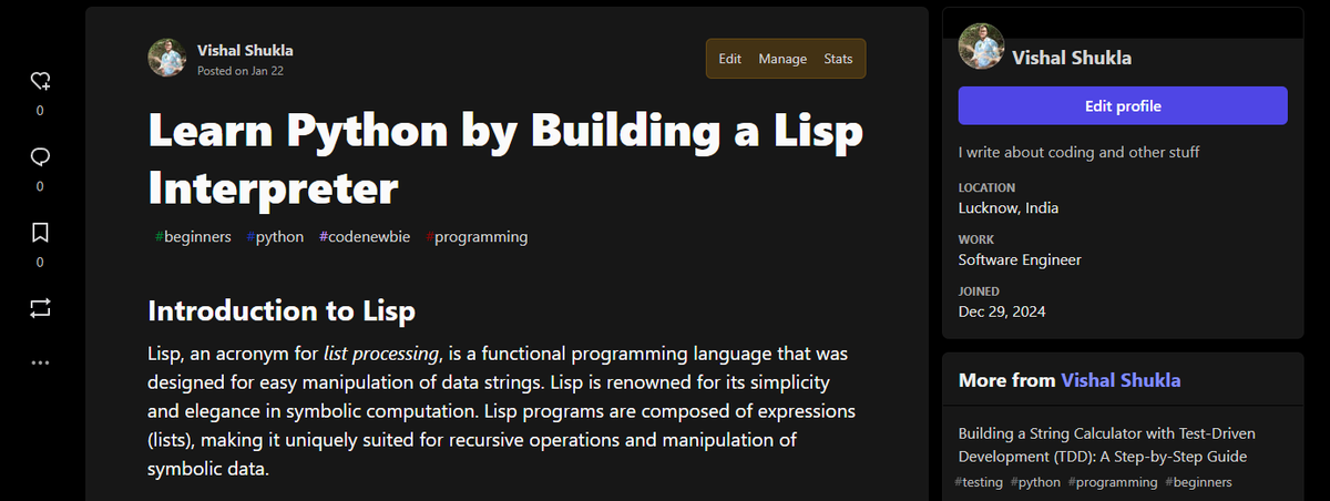 Just built a minimal Lisp interpreter in Python! 🛠️ Inspired by Peter Norvig's blog.

Read it here: dev.to/vishaaxl/learn…