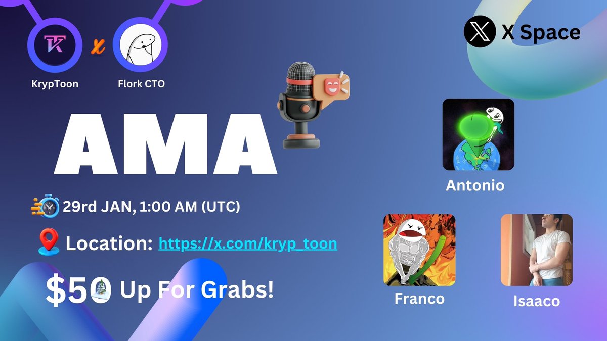 Kryp_Toon's tweet photo. 🥳 We’re excited to invite you to join the conversation and ask us anything about #FlorkCTO with KrypToon! We can’t wait to see you there!

🗓 Date: JAN 29th at 1:00 AM (UTC)

📍Where: https://t.co/3VHStgSMRd

💵 Prize Pool: $50

✔️ Follow @florkcto 
✔️ Join: https://t.co/l5nXzBuXMt
✔️ Ask questions on X!
✔️ Like & RT