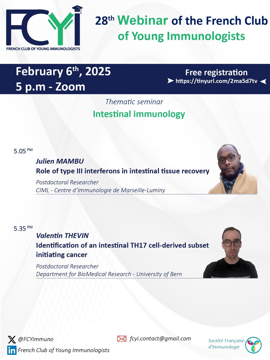 📢 The next <a href="/FCYImmuno/">FCYI</a> webinar on Intestinal Immunology is happening on
 Thursday, Feb 6th at 5 PM on Zoom 👩‍💻

🎙️ Julien Mambu 
🎙️ Valentin Thevin

➤ Register here: tinyurl.com/2ma5d7tv