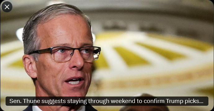 BelannF's tweet photo. Sen. Thune suggests staying through weekend to confirm Trump picks after Dems delay votes: 'Shouldn't be hard'

Senate Majority Leader John Thune's remarks came after a vote to confirm John Ratcliffe as CIA director was delayed

Speaking on the  Senate floor after the vote was blocked by Sen. Chris Murphy, D-Conn.,  Thune said the Senate can remain in session all weekend to confirm  Trump's picks if progress continues to be delayed.

"Do we want a  vote on these folks on Tuesday or vote on them on Friday, Saturday and  Sunday? Because that's what we're going to do. This can be easy or this  can be hard," Thune said. "This is about America's national security interests, and we're stalling, so that's not going to happen."

Watch video and read more - link in first comment.

If you will - let us know what you think about this.