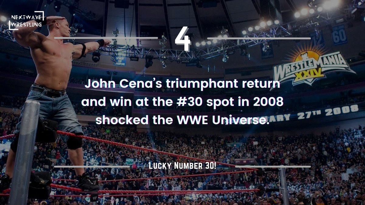 NextWaveWWE's tweet photo. Royal Rumble 2025 Countdown - 4

Lucky Number 30 🎯

John Cena’s shocking return in 2008 at #30 electrified the WWE Universe! 💥 You NEVER know who’s coming next.

#WWE #RoyalRumble #JohnCena #NeverGiveUp #NextWaveWrestling https://t.co/z1ExHiayeT