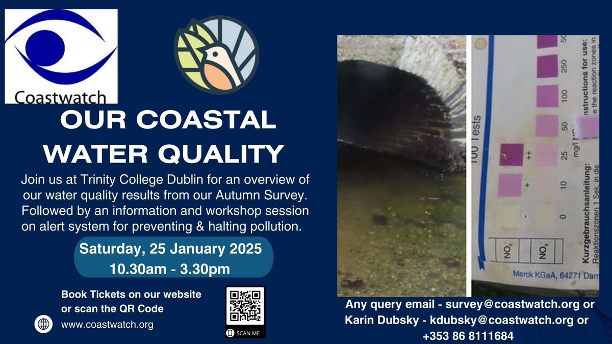 Join <a href="/coastwatch_ire/">Coastwatch</a> for their #WaterQuality results event with findings from their surveyors, followed by an information and workshop session on alert sytems for preventing and hailing pollution with #citizenscience.

🗓️ Saturday, 25 January 2025 
🕙 10.30 am - 3.30 pm