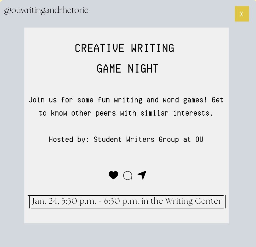 Get to know your writing peers with @studentwritersatou ‘s Creative Writing Game Night on Jan. 24!

#writing #events #oaklanduniversity #rhetoric