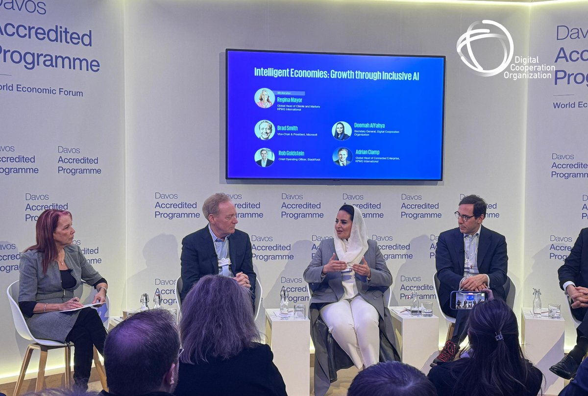 dcorg's tweet photo. At the World Economic Forum, DCO Secretary-General Deemah AlYahya joined an impactful panel discussion titled "New Economies of Intelligence: Driving Growth through Inclusive AI" alongside esteemed global leaders:

Regina Mayor, Global Head of Clients and Markets, KPMG (Moderator)

Brad Smith, Vice Chair & President, Microsoft

Rob Goldstein, Chief Operating Officer, BlackRock

Adrian Clamp, Global Head of Connected Enterprise, KPMG

The session explored how AI-driven economies can foster inclusive, sustainable growth, emphasizing collaboration between governments, industries, and societies to build intelligent economies.

She also highlighted the DCO initiatives, including the Generative AI Center of Excellence and the Digital Economy Navigator (DEN)—to help Member States unlock their digital potential, navigate economic challenges, and embrace AI-powered growth opportunities.
@Dalyahya 
@wef 
@Regina_Mayor 
@BradSmi 
@adrianclamp 
#wef25 #DigitalProsperity4All