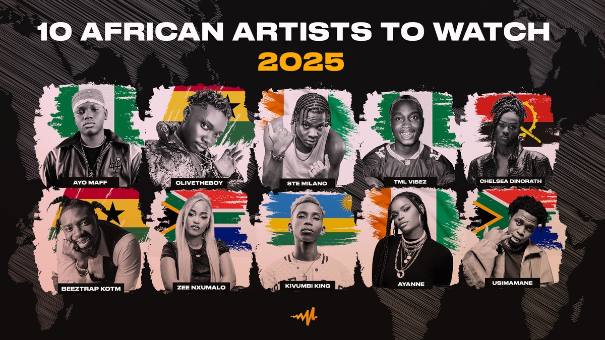 audiomackafrica's tweet image. These 10 African Artists to Watch in 2025 are set to define the year with their sounds. Tap in and discover their music now. 🎧👇
amack.it/10AATW25
#AyoMaff #Olivetheboy #SteMilano #TMLVibez #ChelseaDinorath #BeeztrapKOTM #ZeeNxumalo #KivumbiKing #Ayanne #Usimamane