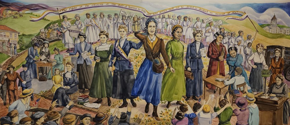 Kansas Day, January 29, celebrates the nation’s 34th state. Discover more than bison, meadowlarks and the glaciated prairie when you join the Statehouse's new mural unveiling, Jan. 29, Noon-1 p.m., in the first-floor rotunda. #KansasDay #Suffragist #Mural 1/2