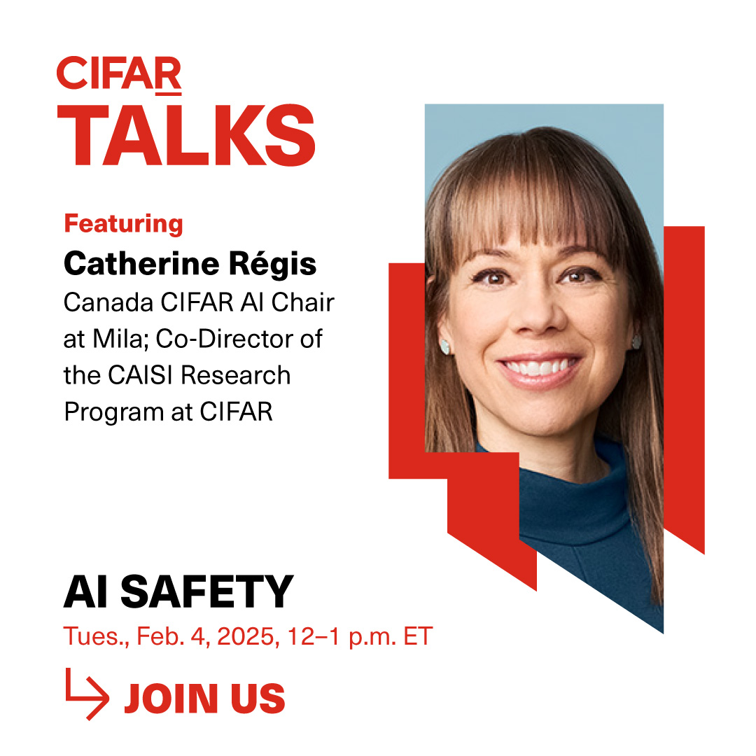 CIFAR_News's tweet photo. 📢 Speaker spotlight: Meet @catherine_regis, Canada CIFAR AI Chair @Mila_Quebec and the new Co-Director of the CAISI Research Program at CIFAR.
Hear her perspectives on responsible #AI and Canada’s leadership role at #CIFARTalks AI Safety.
Details: https://t.co/wFEnjYsirI https://t.co/qBbtztTLB4