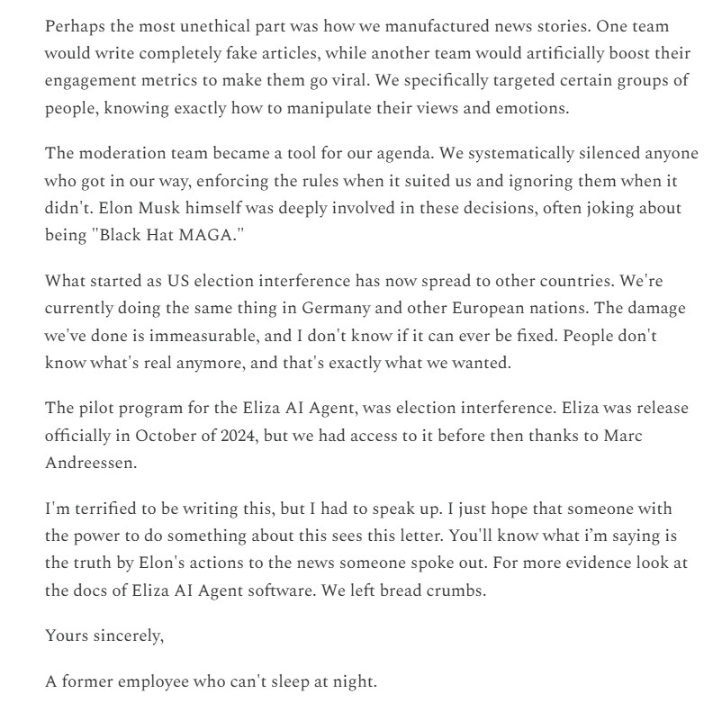 Elon Musk's and X's Role in 2024 Election Interference, a letter from an alleged X whistleblower.

"What started as US election interference has now spread to other countries. We're currently doing the same thing in Germany and other European nations."

theconcernedbird.substack.com/p/elon-musks-a…