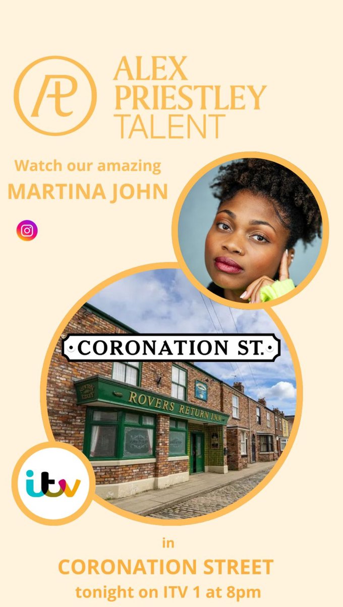 Alex Priestley Talent (@priestleytalent) on Twitter photo Catch our amazing Martina John, in Coronation Street tonight at 8pm on ITV1!!! Catch our amazing Martina John, in Coronation Street tonight at 8pm on ITV1!!!