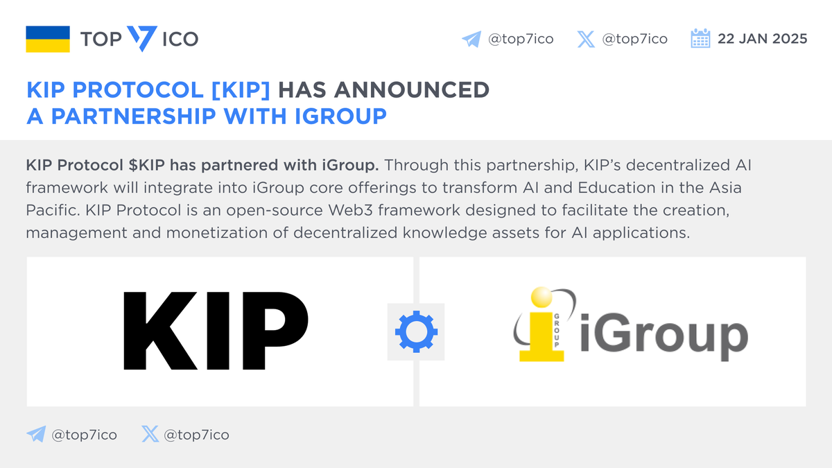 top7ico's tweet photo. KIP Protocol [KIP] has announced a partnership with iGroup

@KIPprotocol's decentralized #AI framework will integrate into #iGroup core offerings to transform AI and Education in the Asia Pacific

🔗 https://t.co/8Hh2PYIUE2 https://t.co/Lllh83icXU