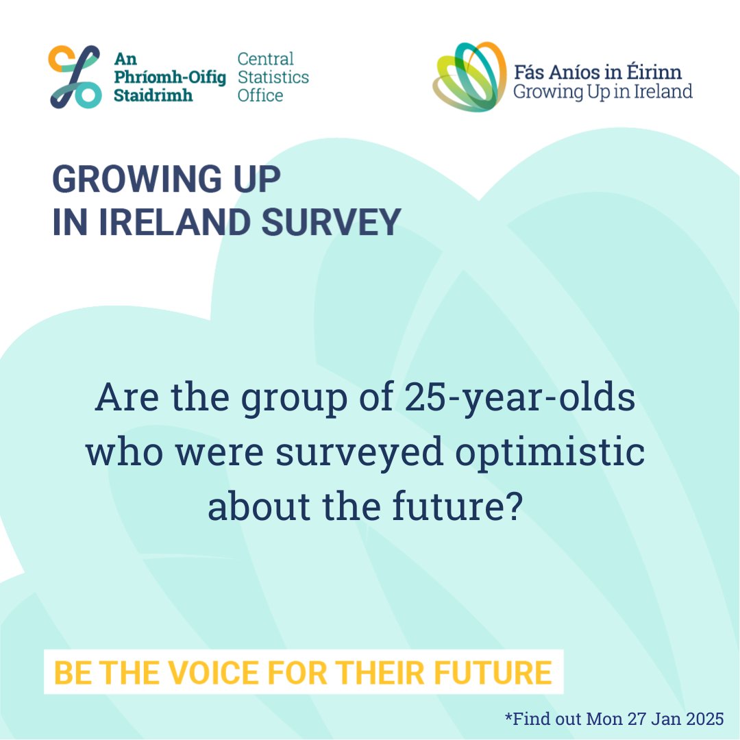 Central Statistics Office Ireland (@csoireland) on Twitter photo The CSO recently interviewed the 1998 cohort of the Growing Up in Ireland (GUI) Survey (at age 25). This is just one of the questions they were asked. Their answers to these and many other questions will be revealed in our release on Mon 27 Jan.
#CSOIreland #Ireland <a href="/GrowingUpIre/">GrowingUpinIreland</a> The CSO recently interviewed the 1998 cohort of the Growing Up in Ireland (GUI) Survey (at age 25). This is just one of the questions they were asked. Their answers to these and many other questions will be revealed in our release on Mon 27 Jan.
#CSOIreland #Ireland <a href="/GrowingUpIre/">GrowingUpinIreland</a>