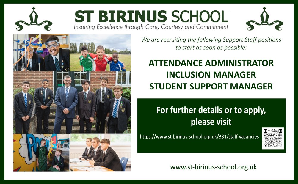 We have some exciting opportunities to join our team of amazing support staff at St Birinus School.  For more information, or to apply, please visit  st-birinus-school.org.uk/331/staff-vaca….  Application deadline: Friday 31st January 2025