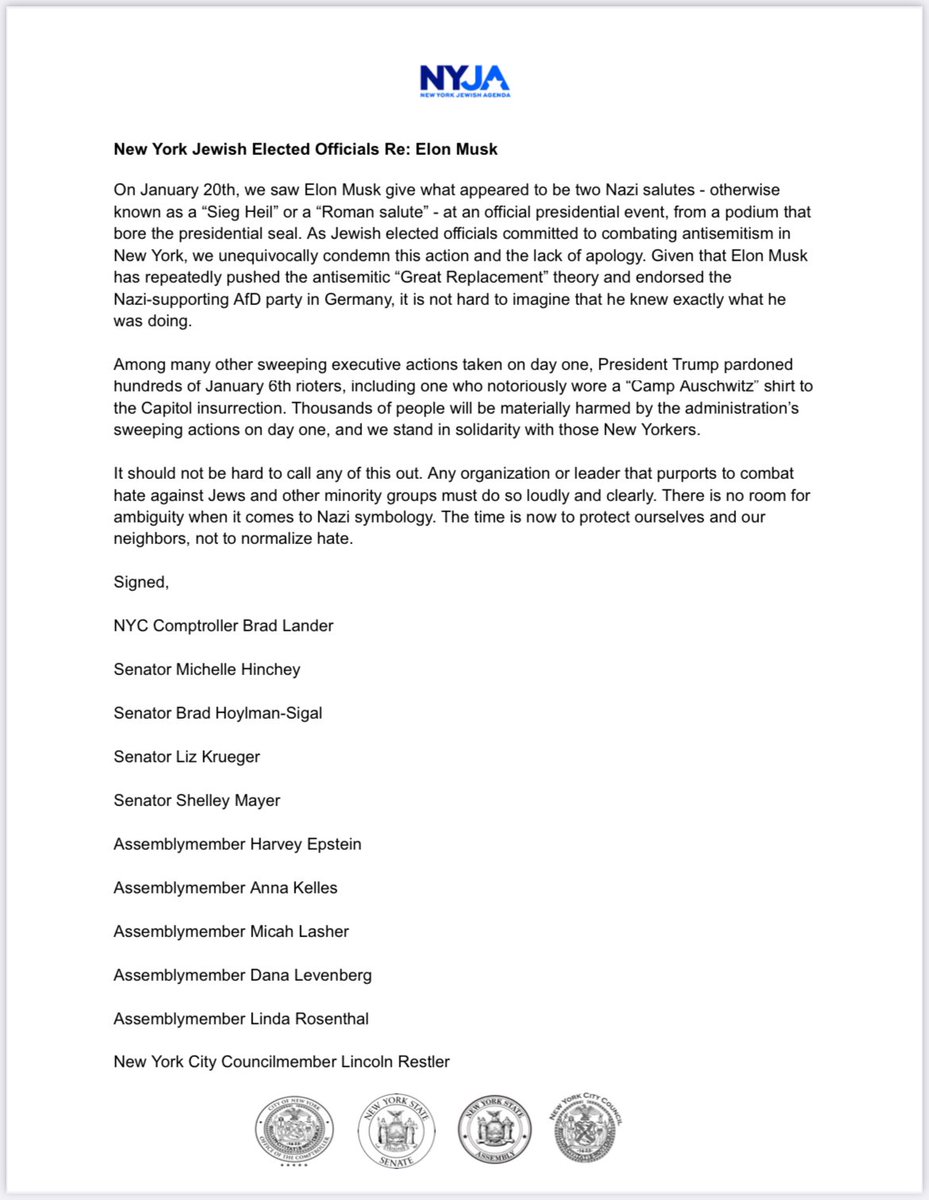 NYJewishAgenda's tweet photo. New York Jewish elected officials respond to Elon Musk’s Roman/ fascist/ Nazi salute (whatever you call it, it requires an apology): https://t.co/FhlsJIvlw6