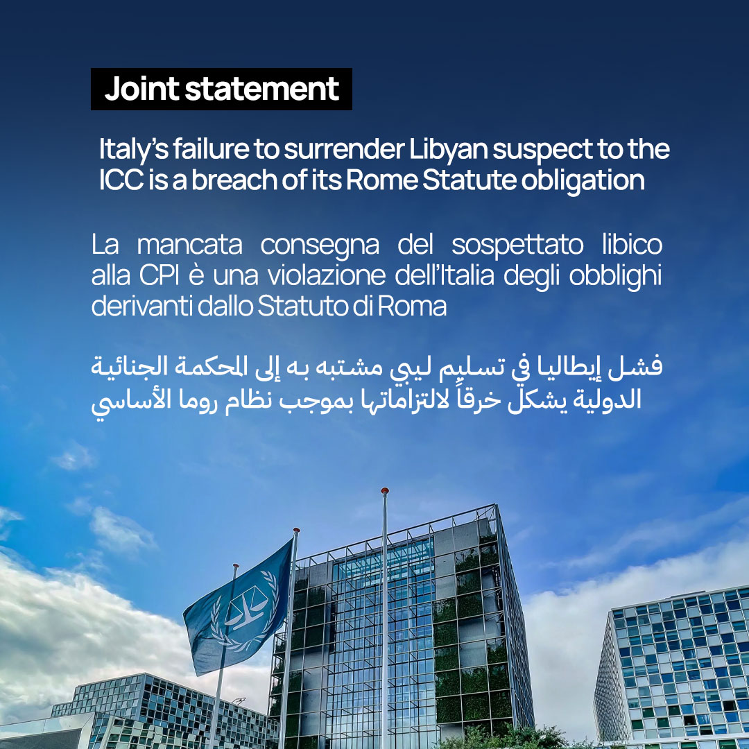 Lawyers for Justice in Libya (@libyanjustice) on Twitter photo NEW: Italy’s failure to surrender Osama Najim Almasri to the <a href="/IntlCrimCourt/">Int'l Criminal Court</a> is a breach of its Rome Statute obligation and an egregious obstruction to accountability and justice for victims in #Libya.
Italy must provide an immediate explanation.
libyanjustice.org/news/italys-fa… #ICC NEW: Italy’s failure to surrender Osama Najim Almasri to the <a href="/IntlCrimCourt/">Int'l Criminal Court</a> is a breach of its Rome Statute obligation and an egregious obstruction to accountability and justice for victims in #Libya.
Italy must provide an immediate explanation.
libyanjustice.org/news/italys-fa… #ICC