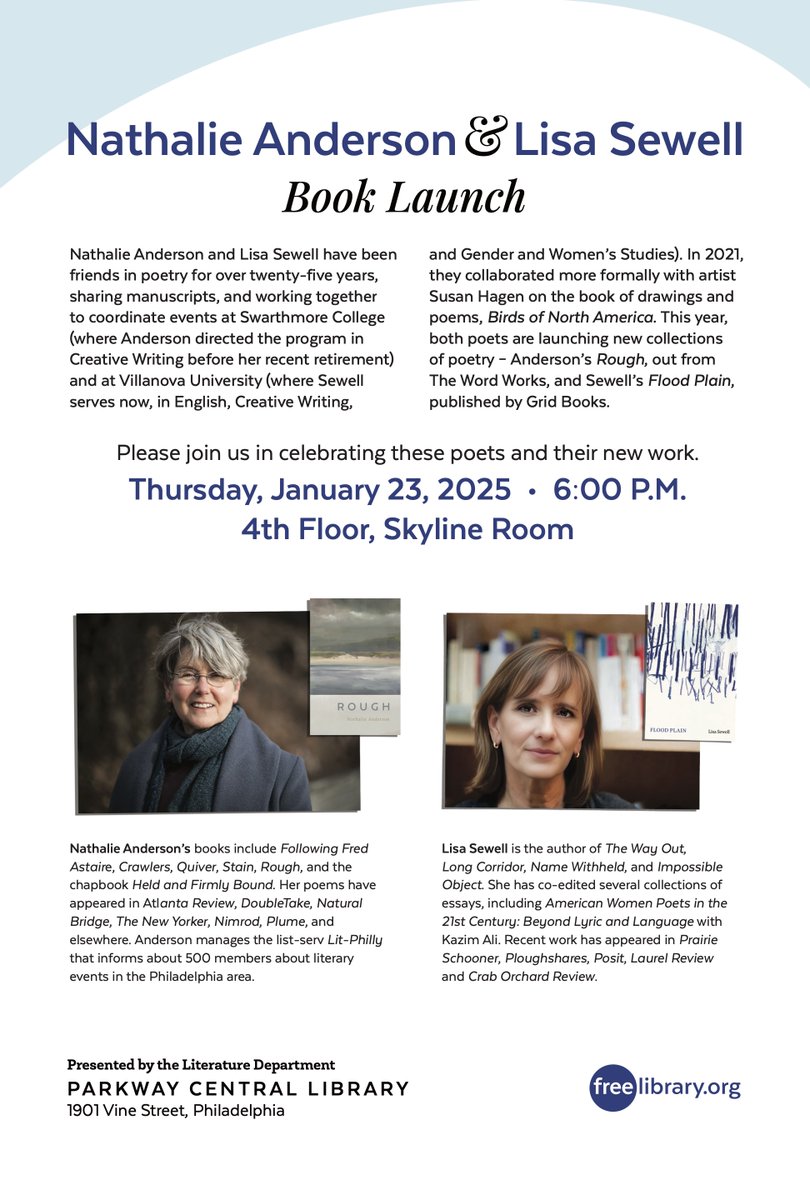 grid_books's tweet photo. Tomorrow, at the Parkway Central Library in Philidelphia, Lisa Sewell will be celebrating the launch of her fifth collection of poems, 𝐹𝑙𝑜𝑜𝑑 𝑃𝑙𝑎𝑖𝑛.

𝐹𝑙𝑜𝑜𝑑 𝑃𝑙𝑎𝑖𝑛 is now available from Grid Books!
https://t.co/gvyVgPugfB https://t.co/oLQwFKOTig