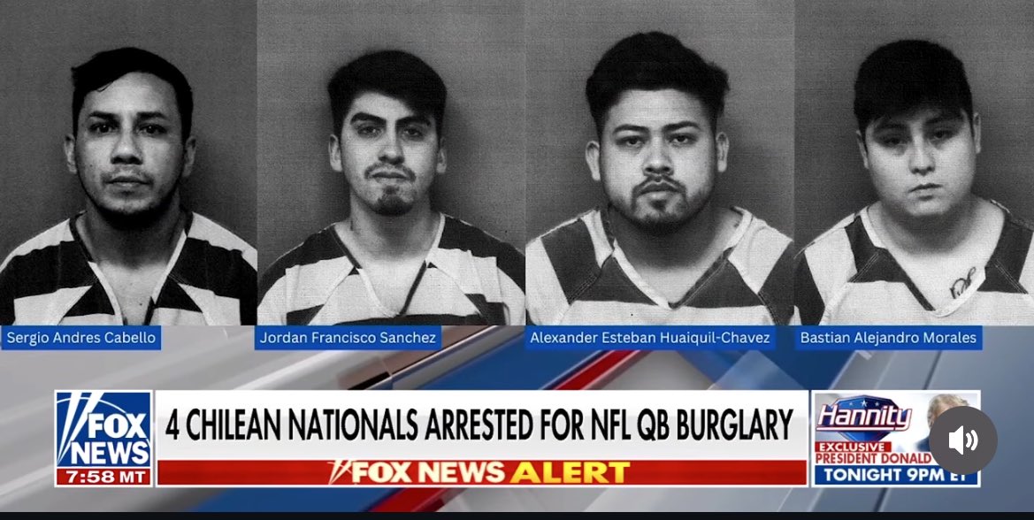 Kentuckygirl1's tweet photo. 4 illegals from Chile have been arrested for breaking into Joe Burrow’s home. Why call them Chilean Nationals? They’re illegal aliens. https://t.co/RJEWuqQ1iy