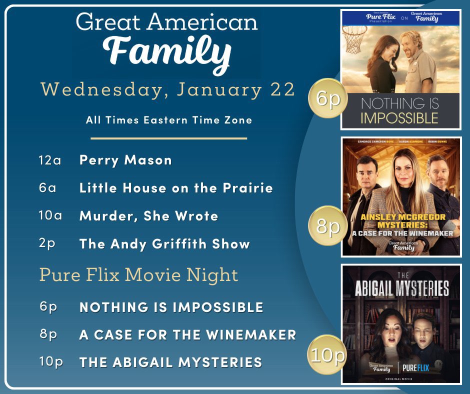 CattLovesMovies's tweet image. It’s a wonderful Wednesday!
#PureFlixMovieNight tonight on @GAfamilyTV—
❄️#NothingIsImpossible 6pET/3pPT
❄️#AinsleyMcGregorMysteries : #ACaseForTheWineMaker 8pET/5pPT
❄️#TheAbigailMysteries 10pET/7pPT
Enjoy these 3 inspiring movies from @PureFlix!
🐱💙🎬
@billabbottHC…