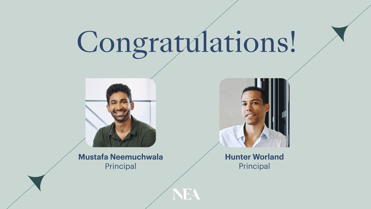 🤩 Congratulations to <a href="/neemustafa/">Mustafa Neemuchwala</a> and Hunter Worland--promoted to Principals on <a href="/NEA/">NEA</a>'s technology investing team.

We are grateful to work with and be inspired by these talented rising stars! 🚀

📰 More details: nea.com/news/press-rel…