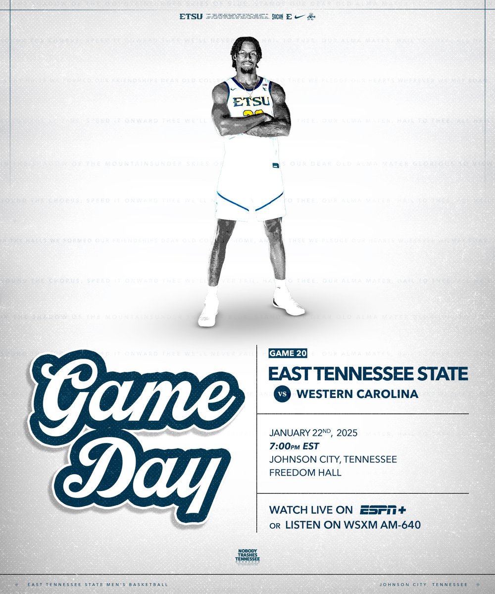𝘽𝙖𝙘𝙠 𝙄𝙣𝙨𝙞𝙙𝙚 𝙁𝙧𝙚𝙚𝙙𝙤𝙢 𝙃𝙖𝙡𝙡 𝙏𝙤𝙣𝙞𝙜𝙝𝙩 

🆚 Western Carolina
⏰ 7p
🏟️ Freedom Hall
📺 espn.com/watch/player/_…
📻 player.640wxsm.com
📈 stats.statbroadcast.com/broadcast/?id=…
🎟️ ETSUTickets.com | Free admission for @ETSU students 

#AllHandsOnDeck