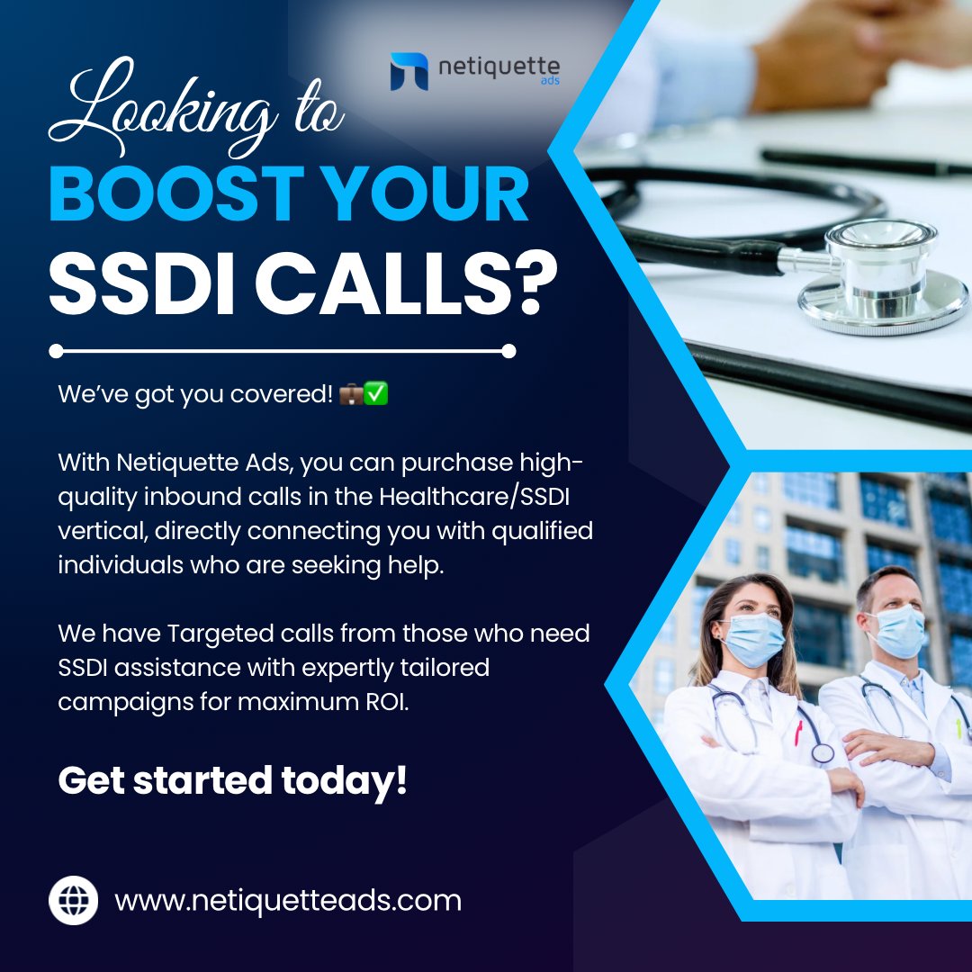 Netiquetteads's tweet photo. Looking to boost your SSDI client base? 🚀 We’ve got inbound calls ready to convert! Get qualified, high-intent leads that are ready to take action. DM us now to start scaling your business! 📞 #SSDI #InboundCalls #BusinessGrowth #PayPerCalls https://t.co/bIeaGGtbHA