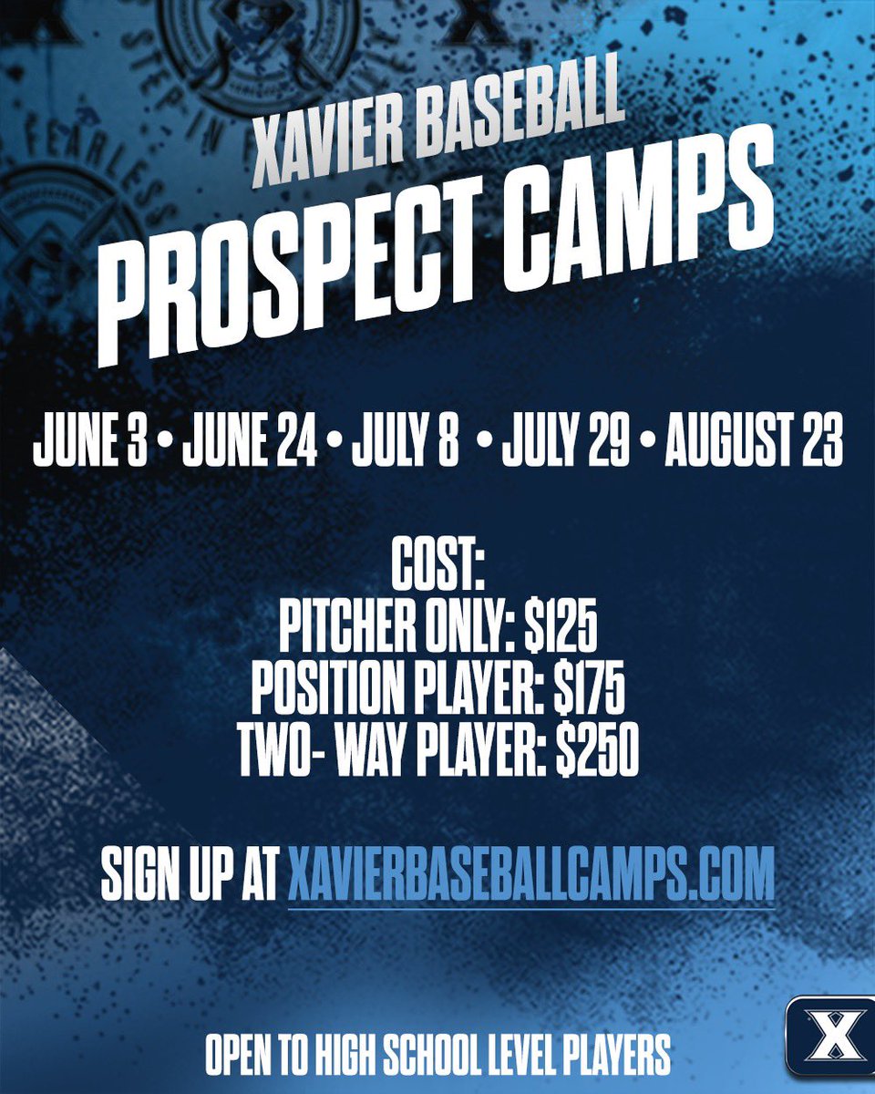 Riley_Bertram12's tweet image. 🚨Xavier Baseball Summer Prospect Camps have been announced 🚨
⚔️ Sign up today: xavierbaseballcamps.com/camps.php