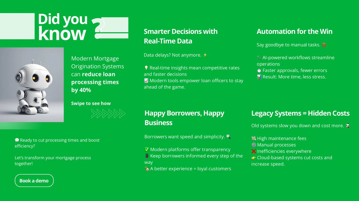 🏦✨ Banks are upgrading to cutting-edge Mortgage Origination Systems, making home loans faster and more efficient. Swipe to see how technology is reshaping the mortgage experience! 
#AI