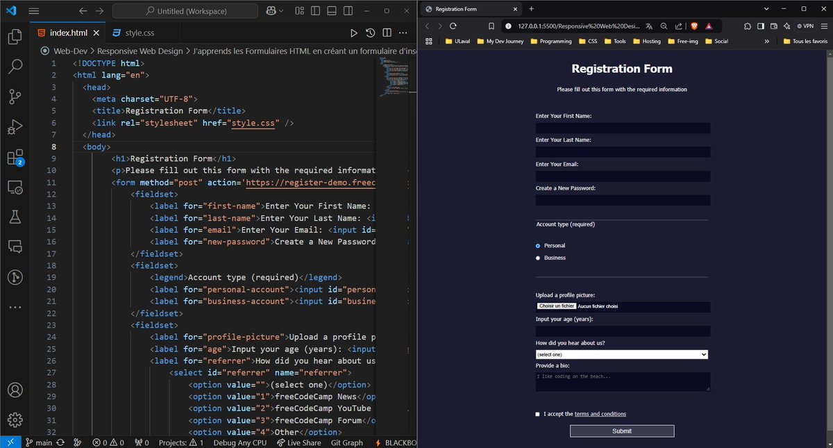 dereal_ismael's tweet image. Jour 24/30 : J'apprends les Formulaires HTML en créant un formulaire d'inscription.
J'explore de nouveaux outils CSS pour styliser ma page.
📺YouTube : youtube.com/@licode30 
📚freeCodeCamp : freecodecamp.org/learn/2022/res…
#CSSChallenge #30DaysOfCSS #LearnCSS #freecodecamp