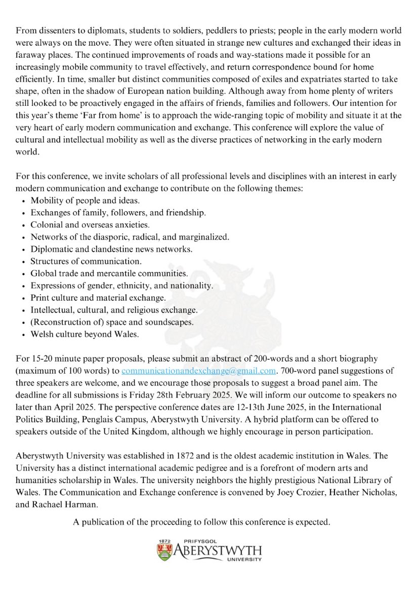 Delighted to announce Dr Mark Williams as our keynote for Communication and Exchange this year. I’m excited to hear more about his exciting research on mobility. 

The #cfp is still open! We’re looking forward to seeing y’all in Aberystwyth in June! 

#earlymodern #History.