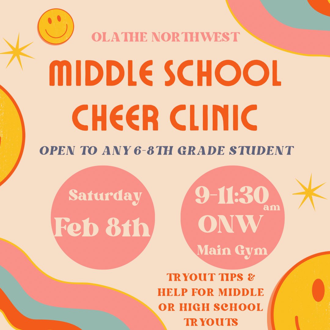Registration is open for any 6-8th graders looking to strengthen cheer skills before their middle or high school tryout. 
📣 Sign up through InTouch!
ks-olathe.intouchreceipting.com