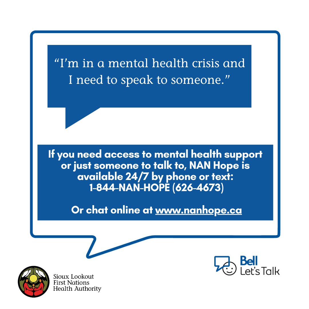 slfnha's tweet photo. Today is #BellLetsTalk Day

If you need access to mental health support or just someone to talk to, NAN Hope is available 24/7 by phone or text: 1-844-NAN-HOPE (626-4673)
Or chat at https://t.co/DtZqCTxBKO

Remember, you are not alone. https://t.co/6woc5SWejc