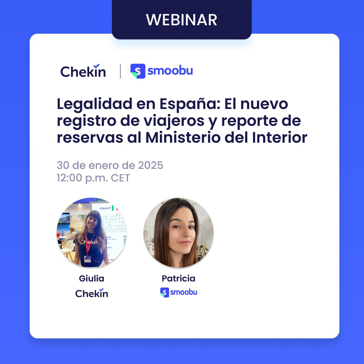 📢 ¡Atención, propietarios en España! ¿Sabes sobre los nuevos requisitos para registrar a tus huéspedes y reportar reservas al Ministerio del Interior con SESHOSPEDAJES? Chekin organiza un webinar para aclarar dudas en el que estaremos: buff.ly/3E47WNs